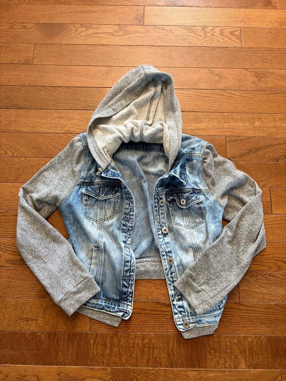 Lei Denim Hooded Light Blue Gray Acid Wash Jacket Size L